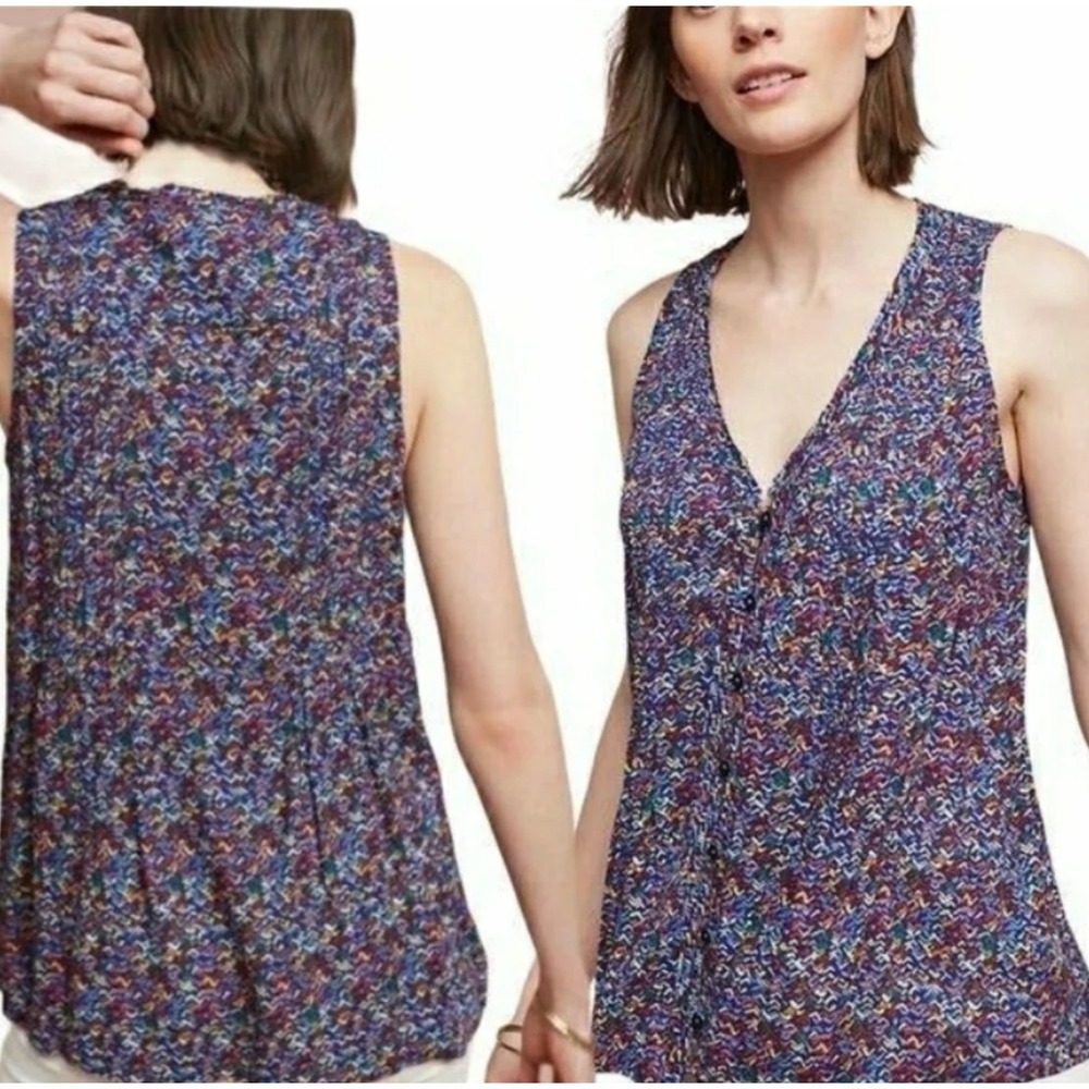 Anthropologie Maeve Lila Colorful Confetti Pintuck Blouse XS V Neck Sleeveless